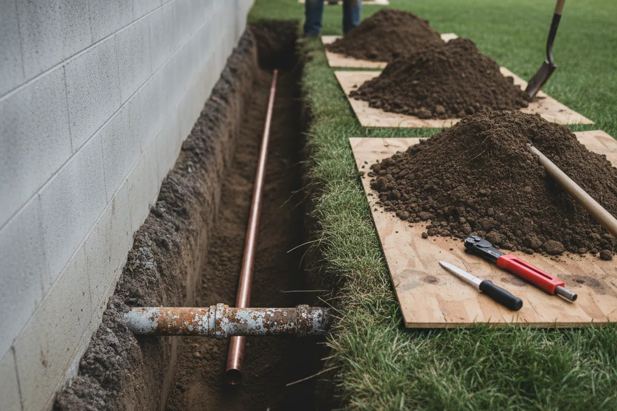 Excavated water line trench during Water Heater Repair in Springville